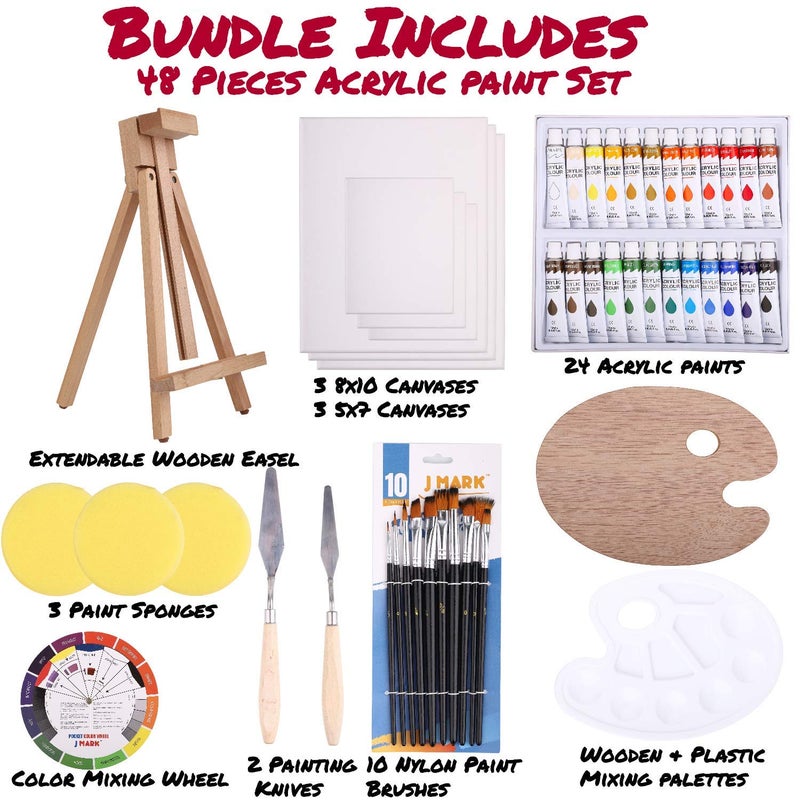 J MARK 48pc Deluxe Painting Kits for Adults - Includes Adjustable Wood Easel, Thick Canvases, Acrylic Paints, Brushes Set,Wooden and Plastic Palettes, 2 Painting Knives, 3 Sponges, Color Mixing Wheel - Image 2